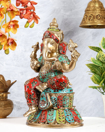 Handcrafted Brass Lord Ganesha Statue - 15" with meenakari - Budhshiv.com