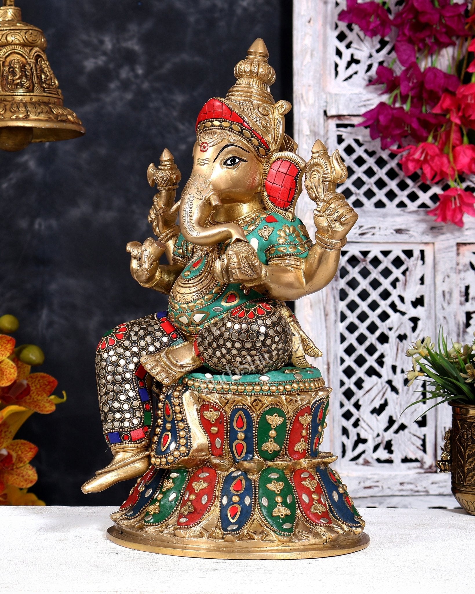 Handcrafted Brass Lord Ganesha Statue - 15" with meenakari - Budhshiv.com