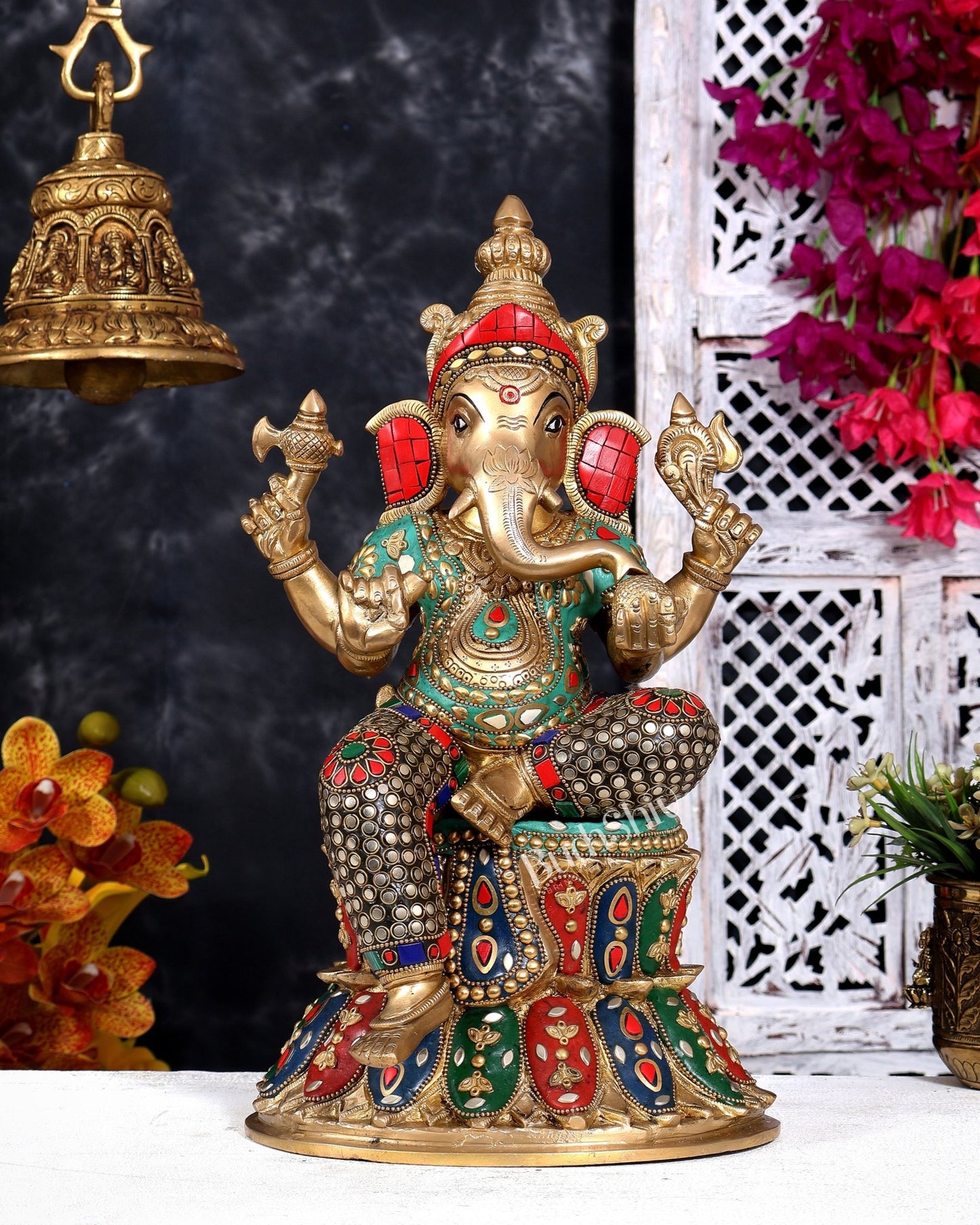 Handcrafted Brass Lord Ganesha Statue - 15" with meenakari - Budhshiv.com