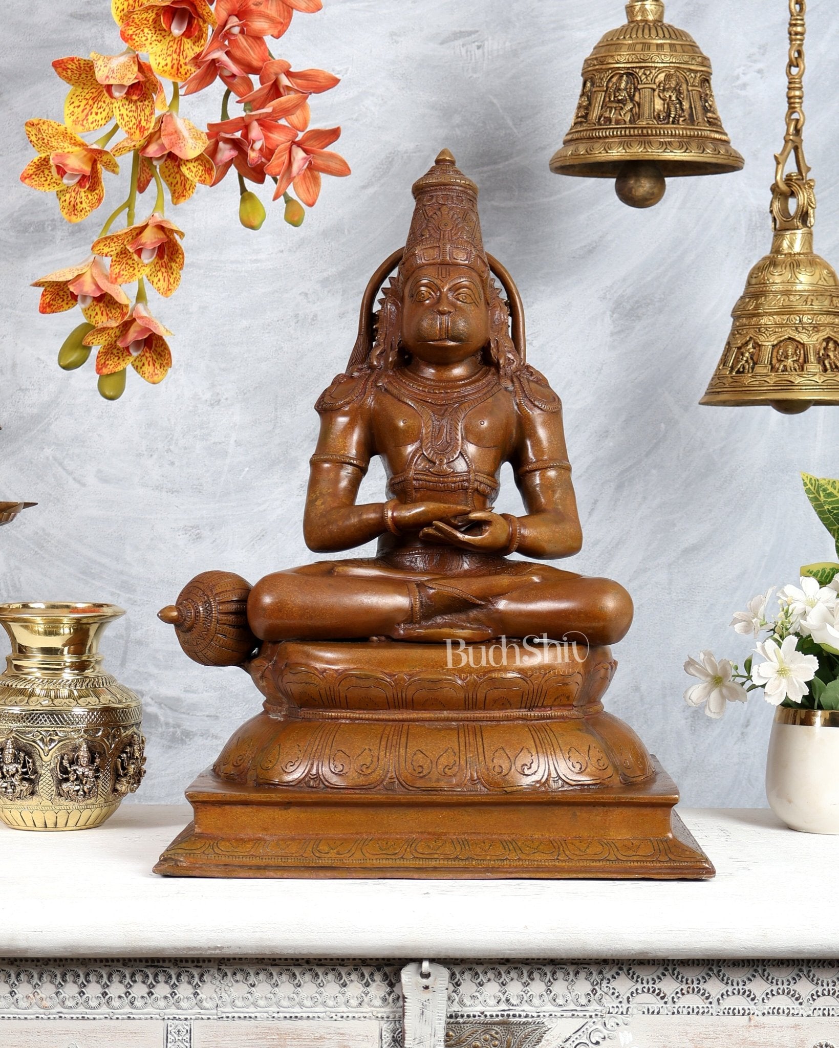 Handcrafted Brass Lord Hanuman statue | Deep Meditation | 18" added copper - Budhshiv.com