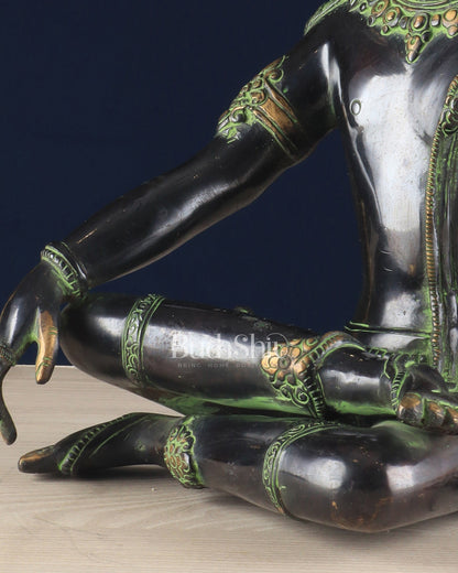 Handcrafted Brass Lord Indra Statue – Black and Green Finish, 14" - Budhshiv.com