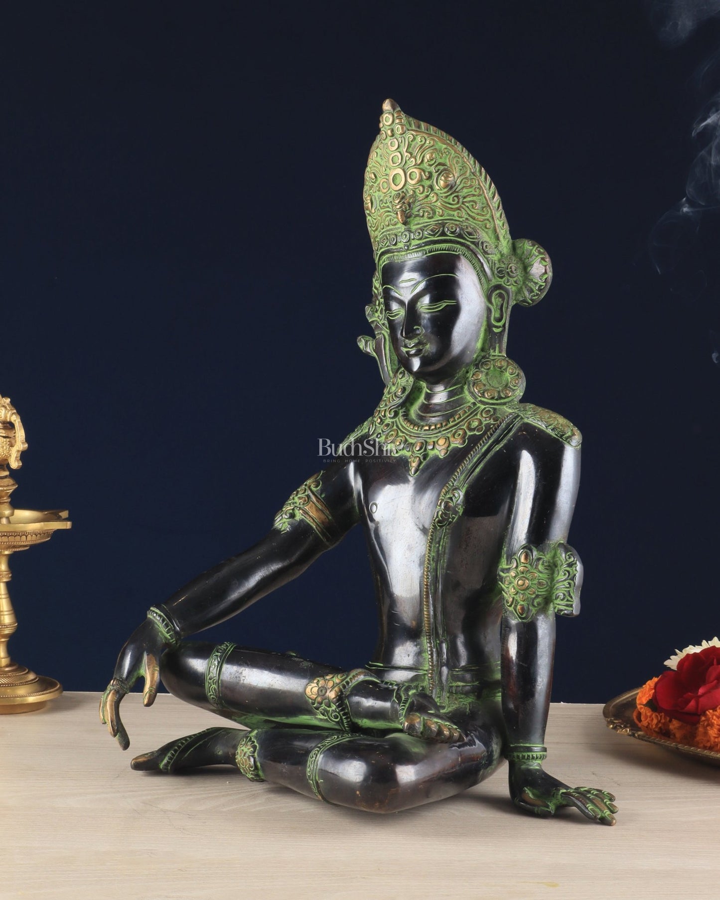 Handcrafted Brass Lord Indra Statue – Black and Green Finish, 14" - Budhshiv.com