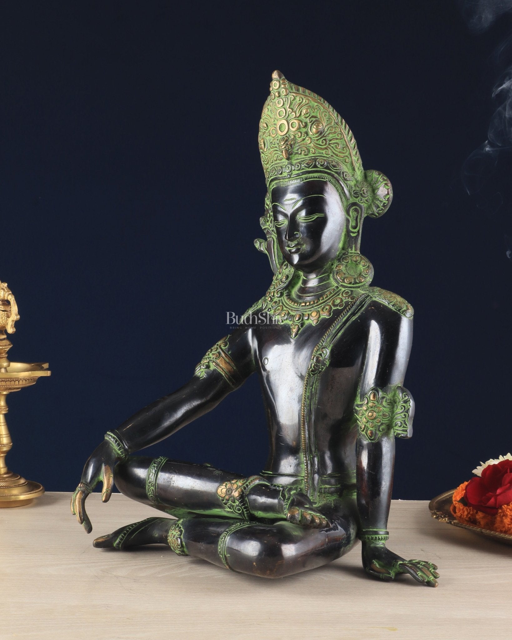 Handcrafted Brass Lord Indra Statue – Black and Green Finish, 14" - Budhshiv.com