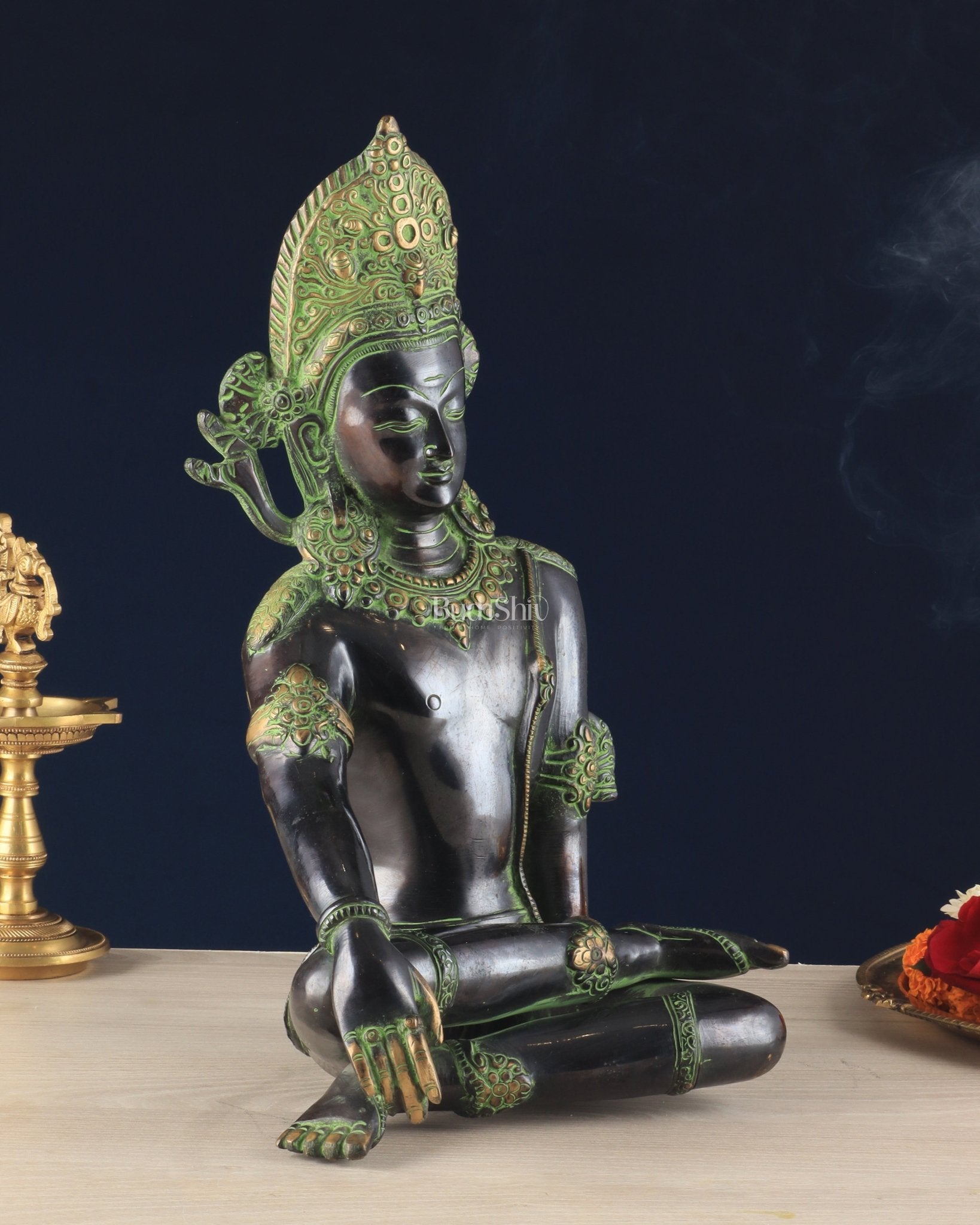 Handcrafted Brass Lord Indra Statue – Black and Green Finish, 14" - Budhshiv.com