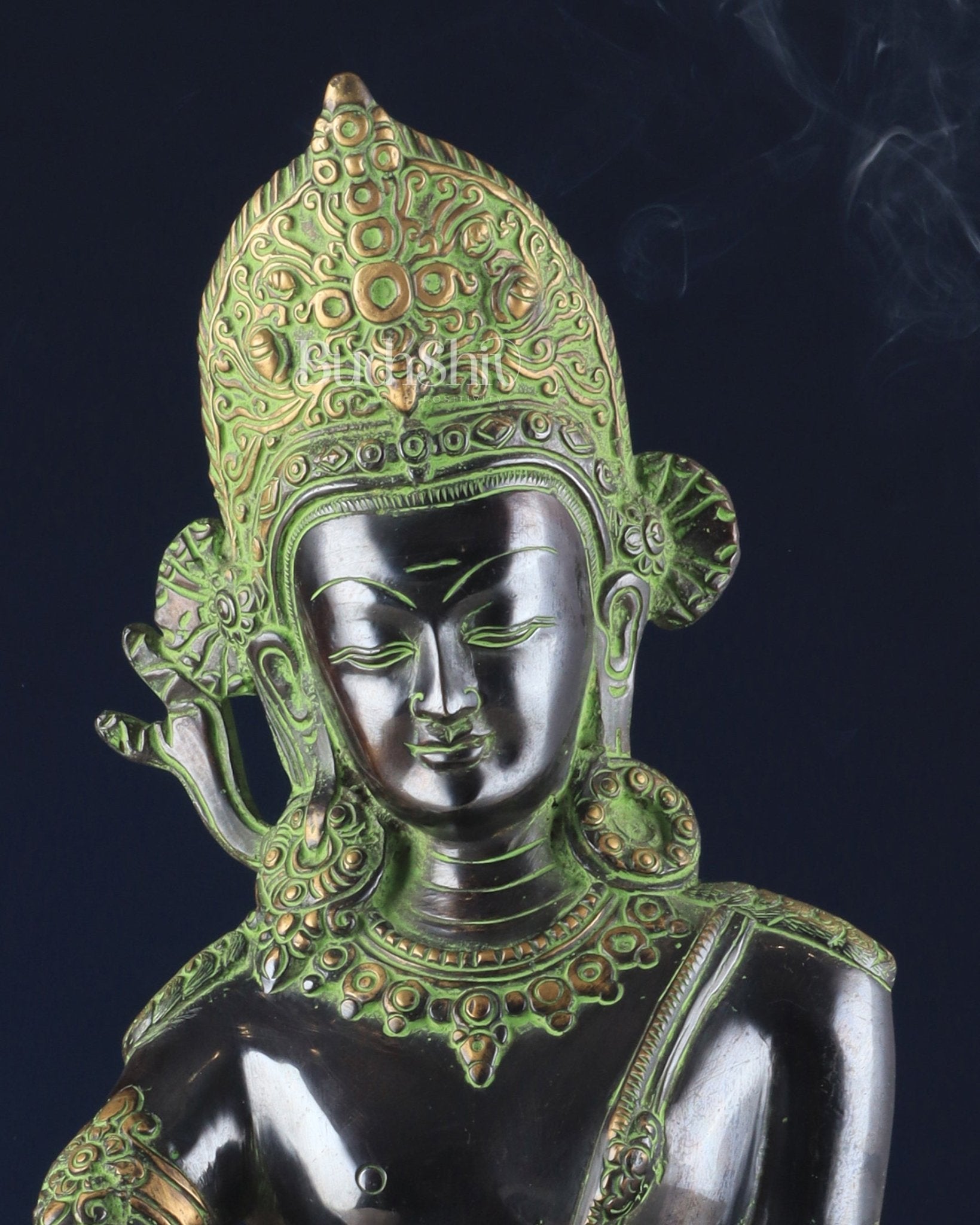 Handcrafted Brass Lord Indra Statue – Black and Green Finish, 14" - Budhshiv.com