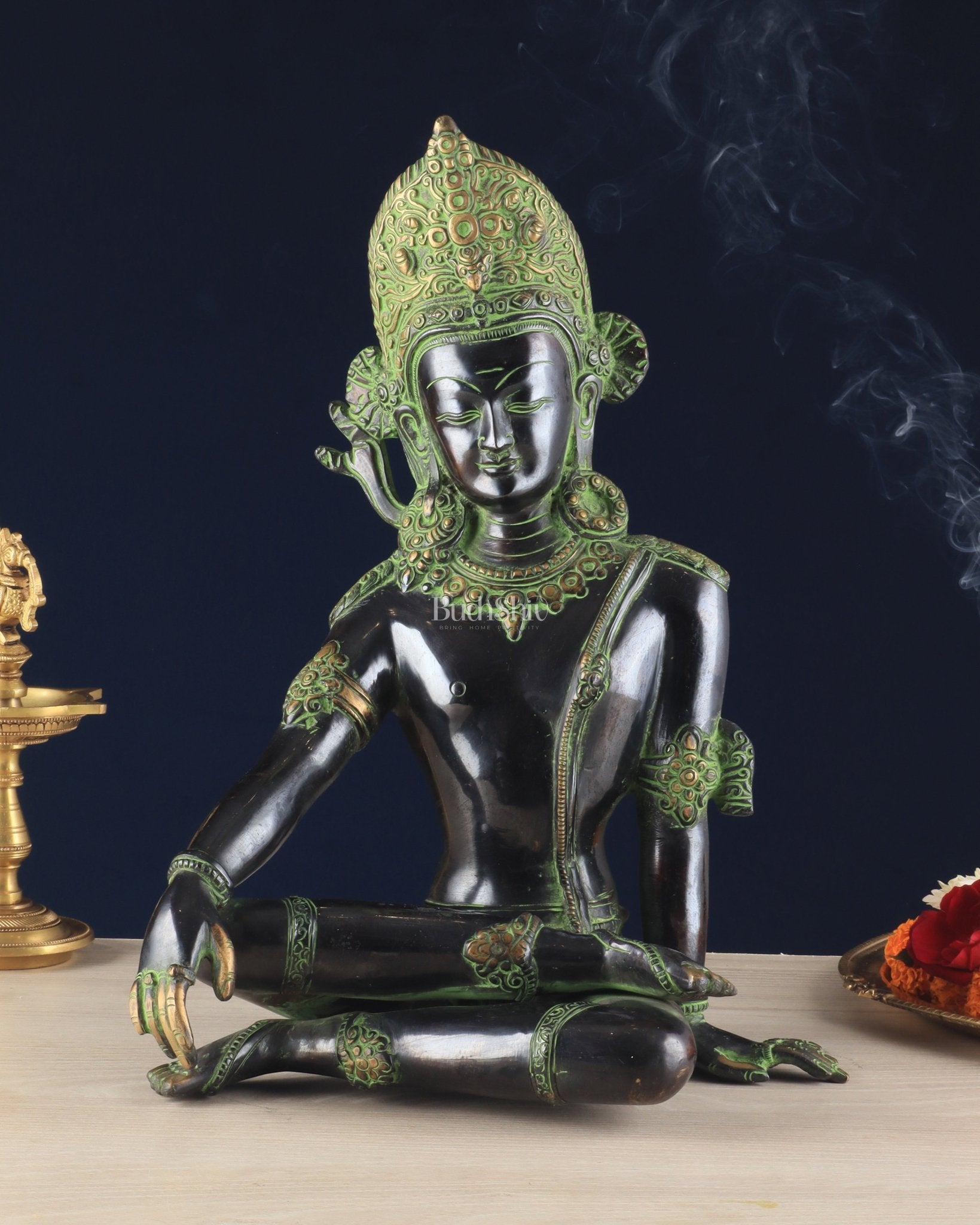 Handcrafted Brass Lord Indra Statue – Black and Green Finish, 14" - Budhshiv.com