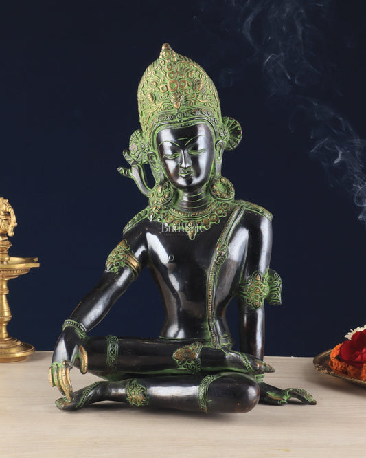 Handcrafted Brass Lord Indra Statue – Black and Green Finish, 14" - Budhshiv.com