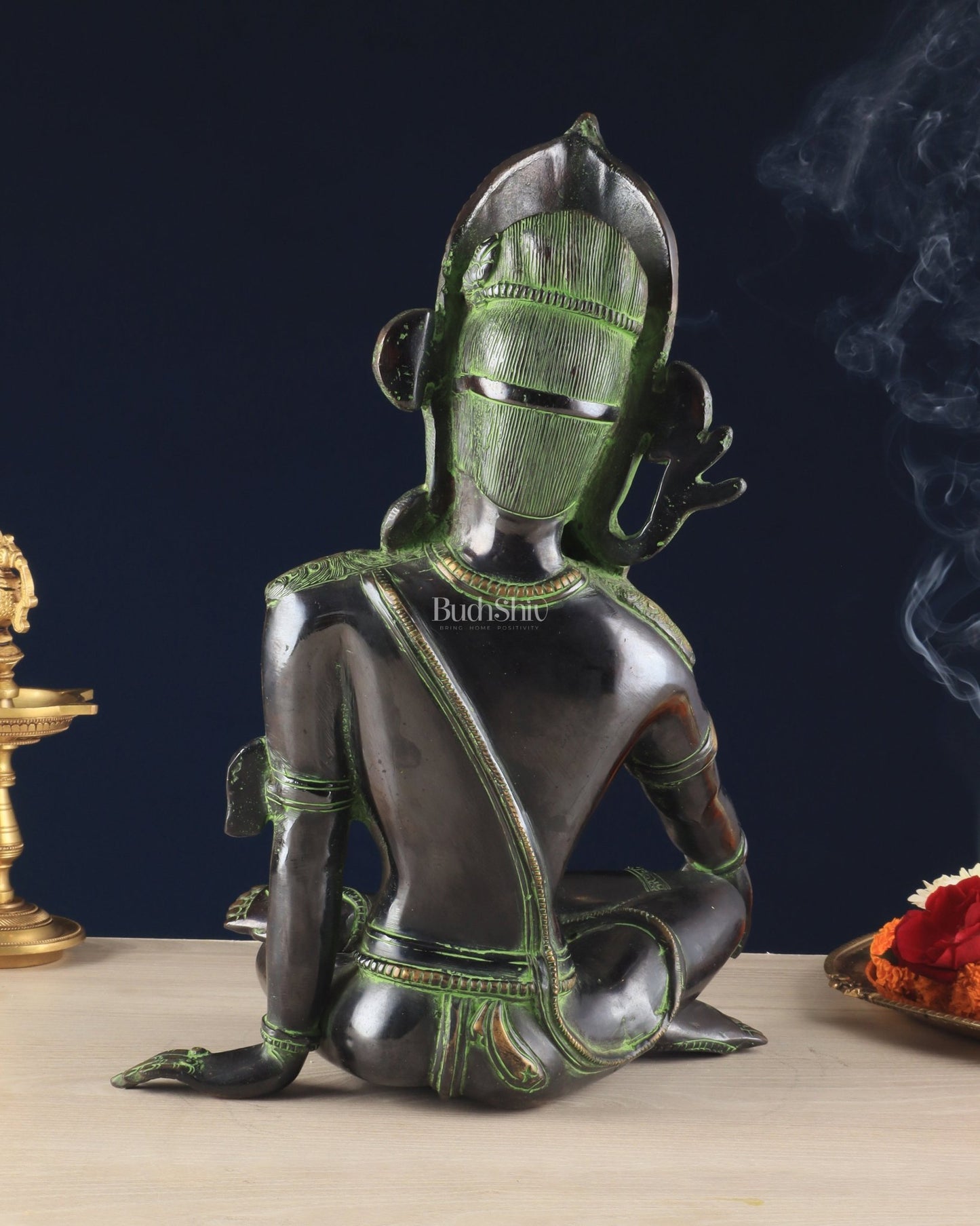 Handcrafted Brass Lord Indra Statue – Black and Green Finish, 14" - Budhshiv.com