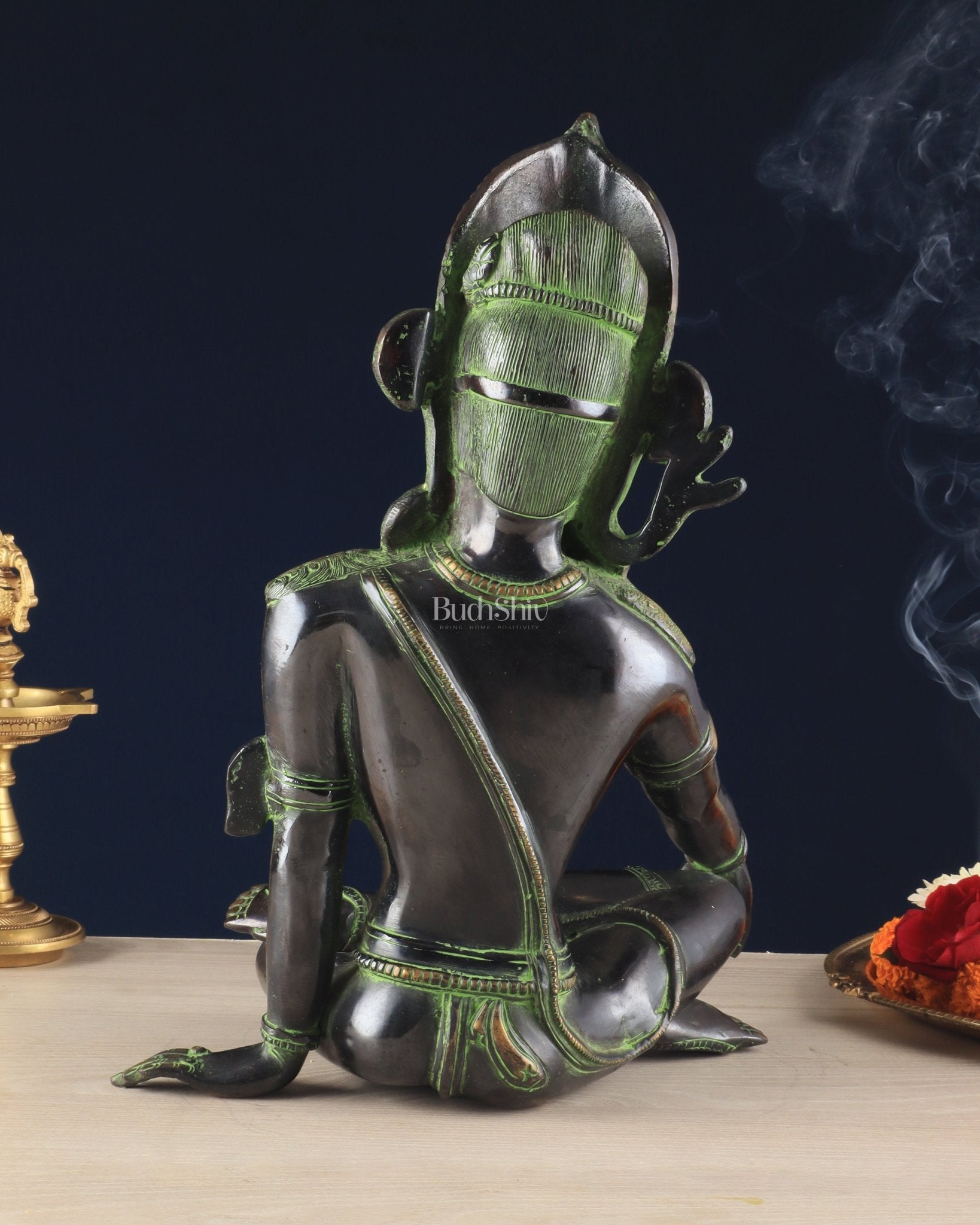 Handcrafted Brass Lord Indra Statue – Black and Green Finish, 14" - Budhshiv.com