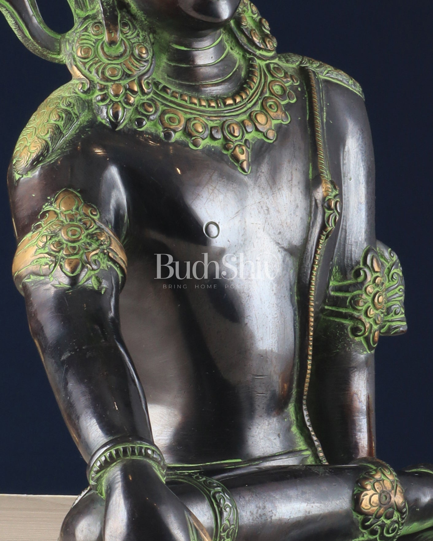 Handcrafted Brass Lord Indra Statue – Black and Green Finish, 14" - Budhshiv.com