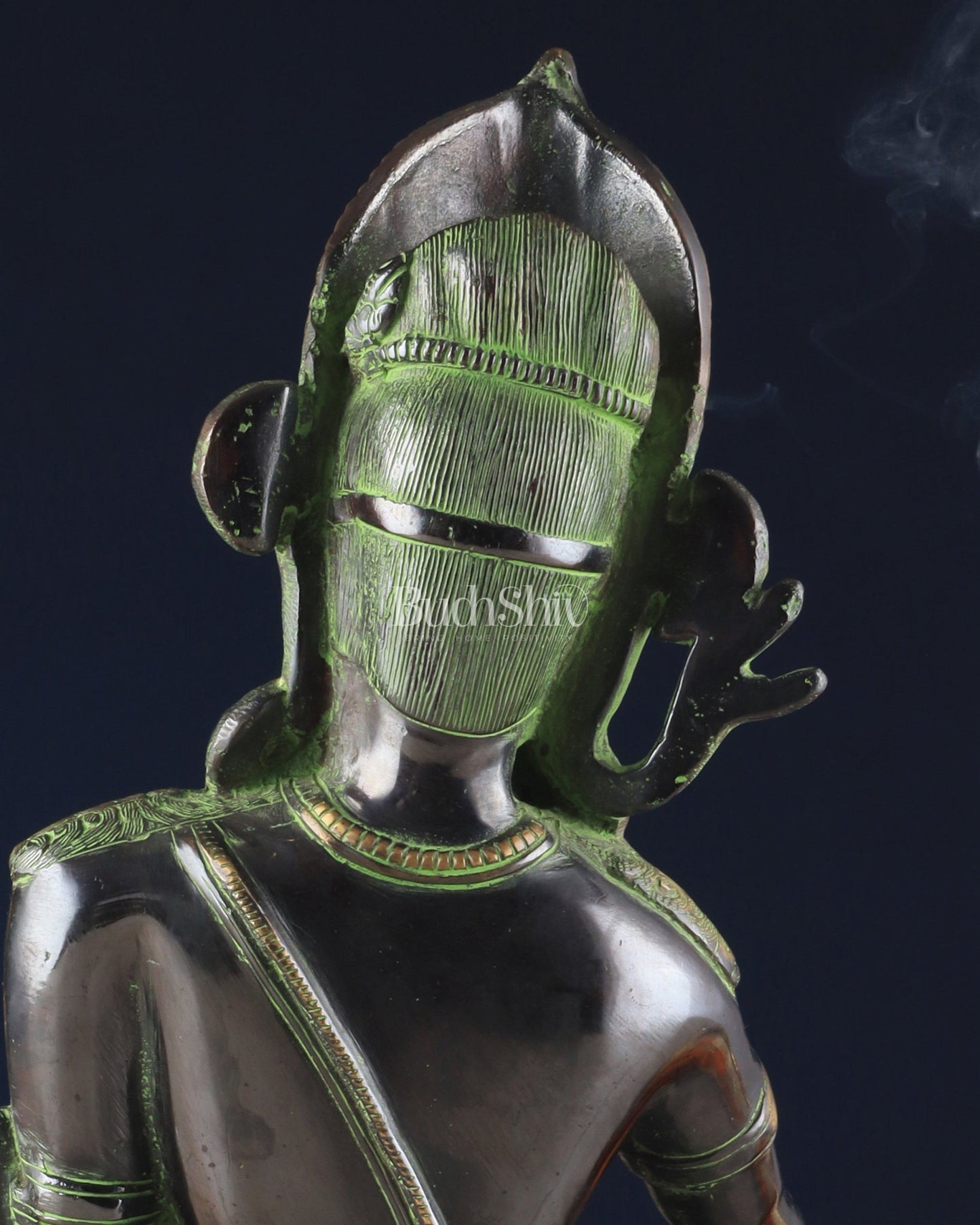 Handcrafted Brass Lord Indra Statue – Black and Green Finish, 14" - Budhshiv.com
