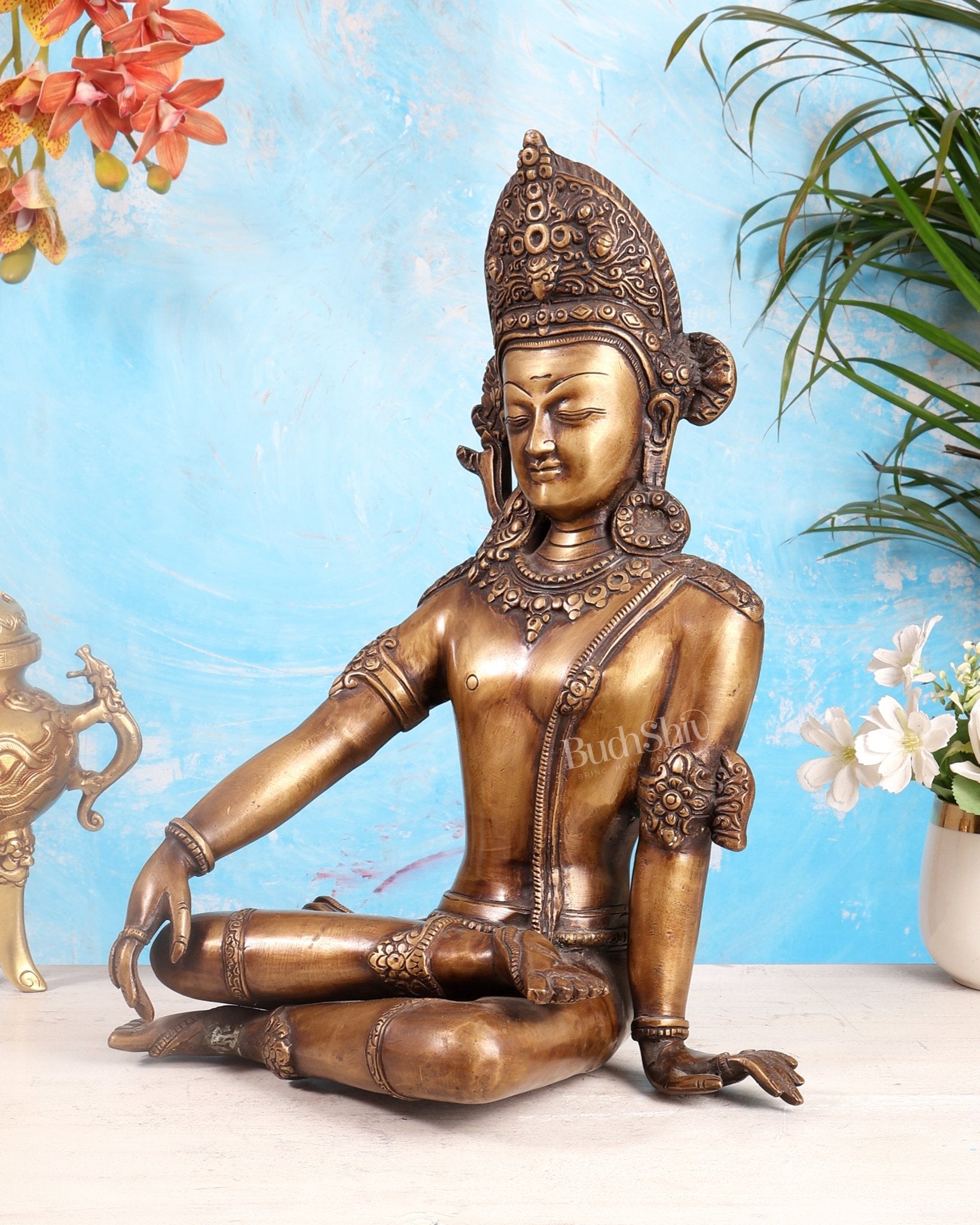Handcrafted Brass Lord Indra Statue vintage tone , 14" - Budhshiv.com