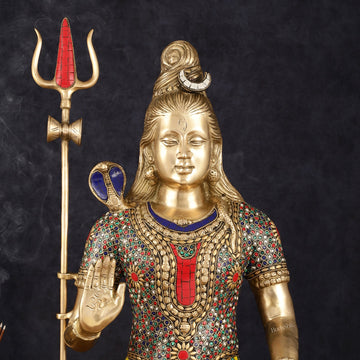 Handcrafted Brass Lord Shiva Statue with Stonework - 20 Inches - Budhshiv.com