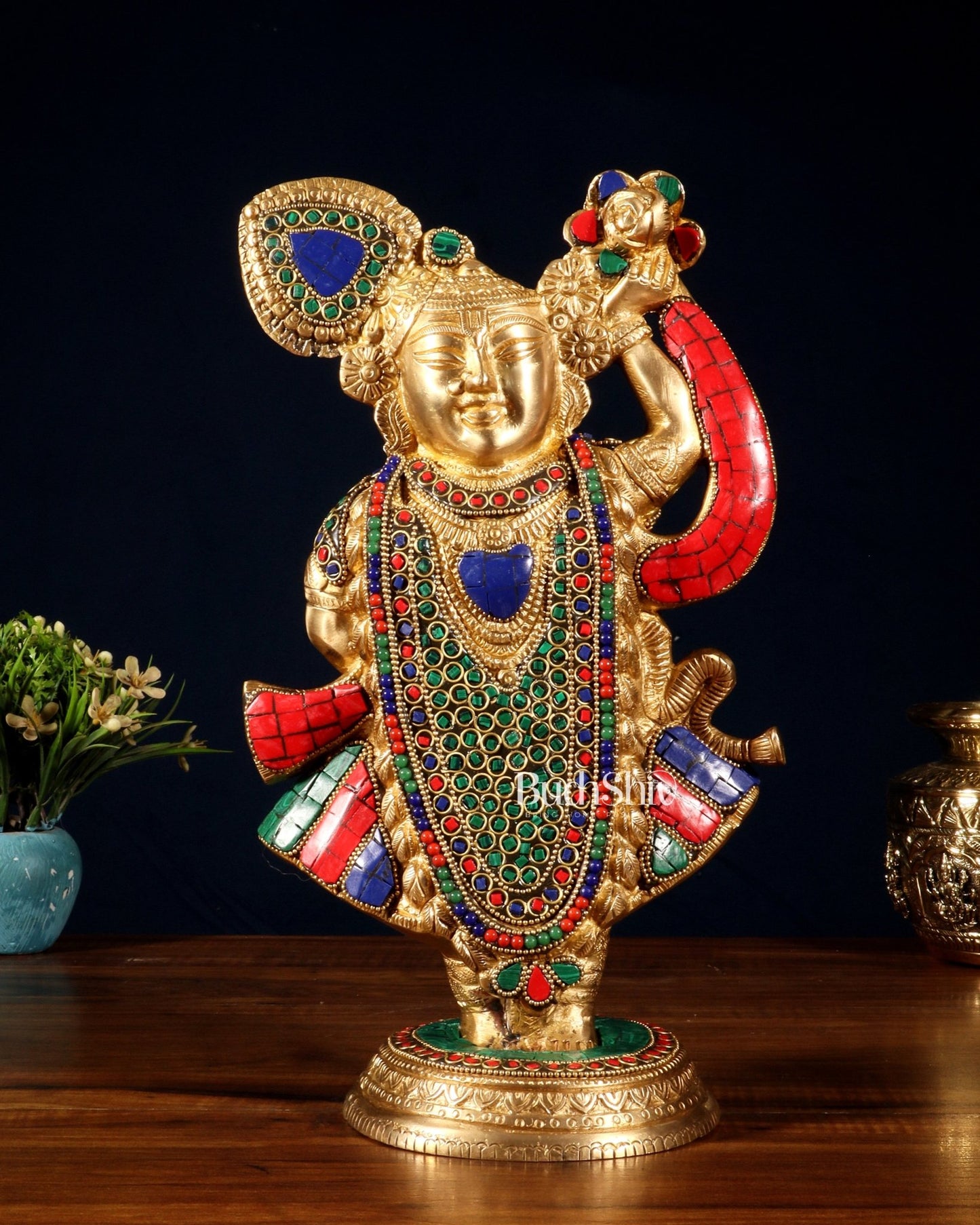Handcrafted brass Lord Shrinath Ji Statue | From Nathdwara | 13 Inch meenakari - Budhshiv.com