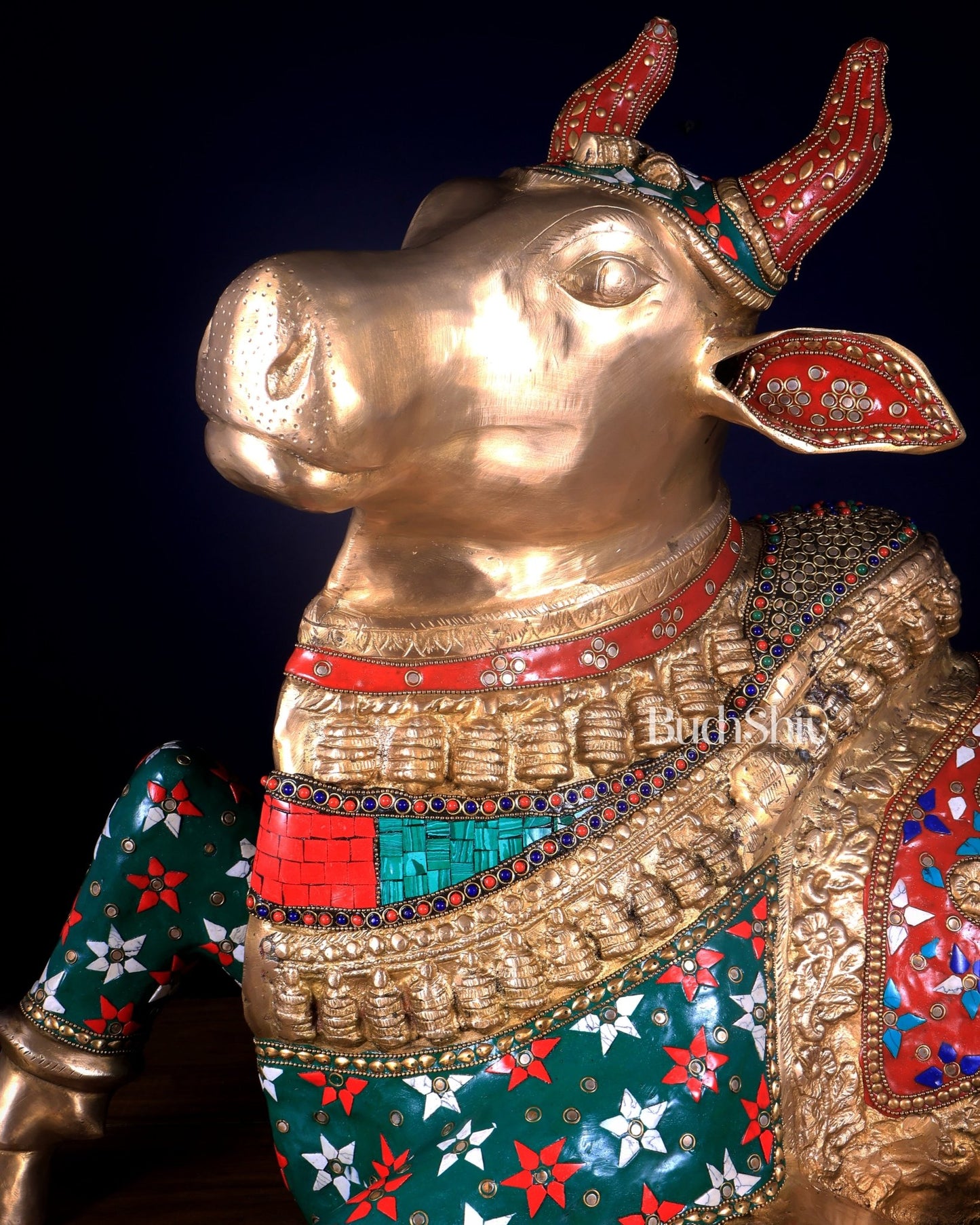 Handcrafted Brass Nandi Bull Statue with Stonework 35 inch - Budhshiv.com