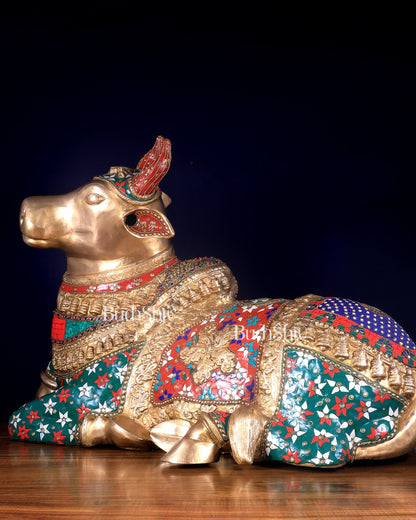 Handcrafted Brass Nandi Bull Statue with Stonework 35 inch - Budhshiv.com