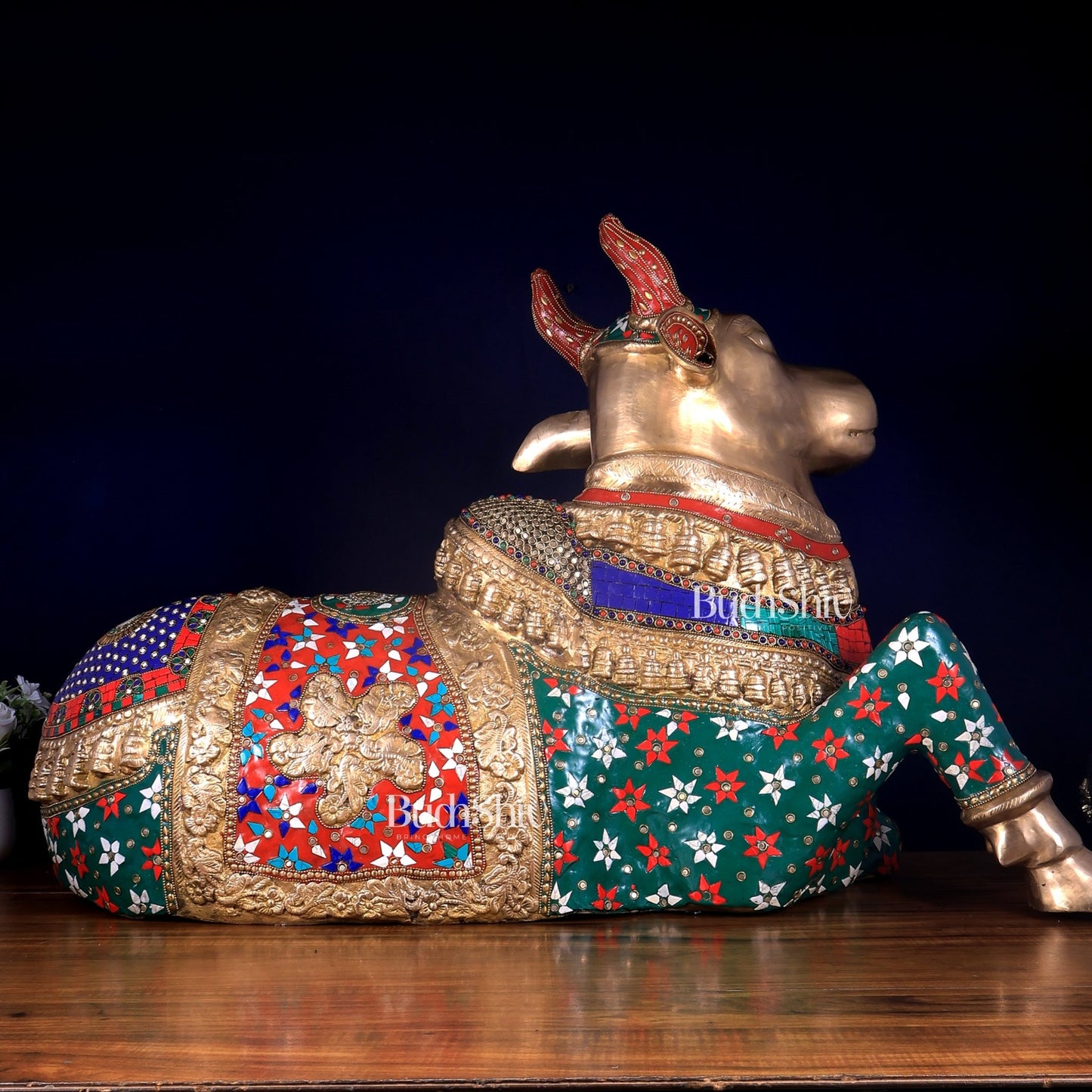 Handcrafted Brass Nandi Bull Statue with Stonework 35 inch - Budhshiv.com