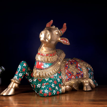 Handcrafted Brass Nandi Bull Statue with Stonework 35 inch - Budhshiv.com