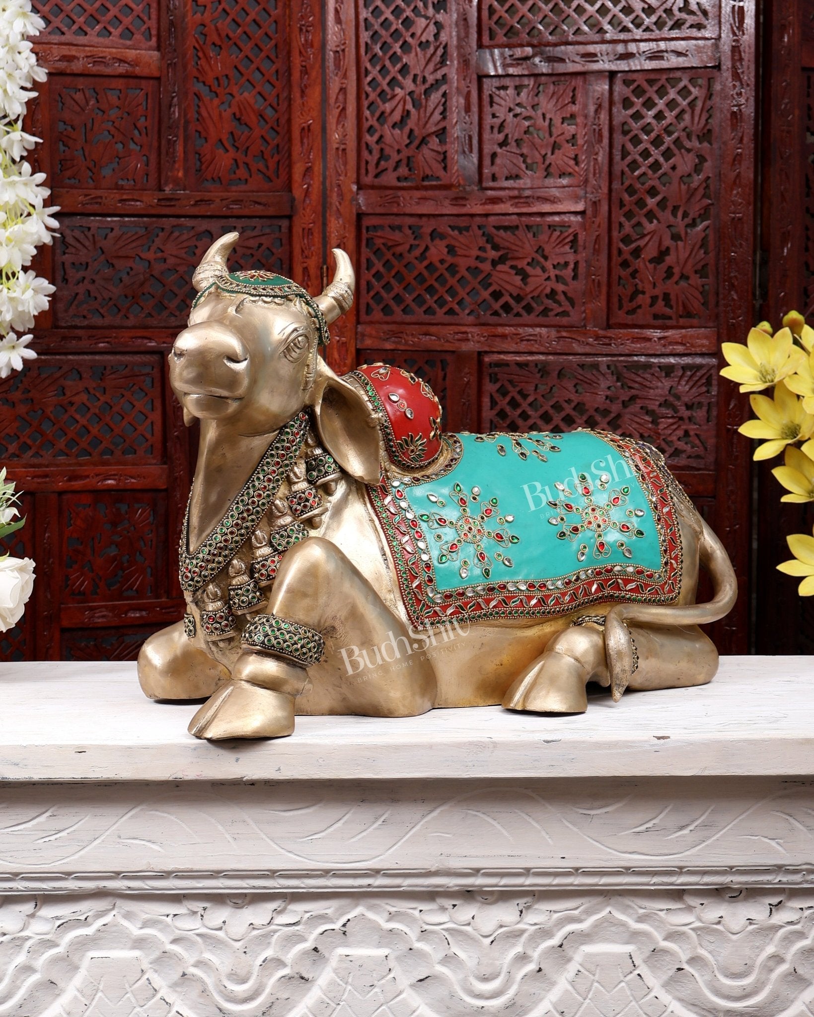 Handcrafted Brass Nandi Idol – meenakari 21" - Budhshiv.com