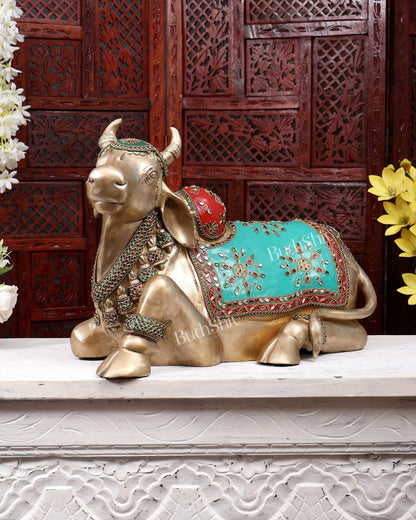 Handcrafted Brass Nandi Idol – meenakari 21" - Budhshiv.com