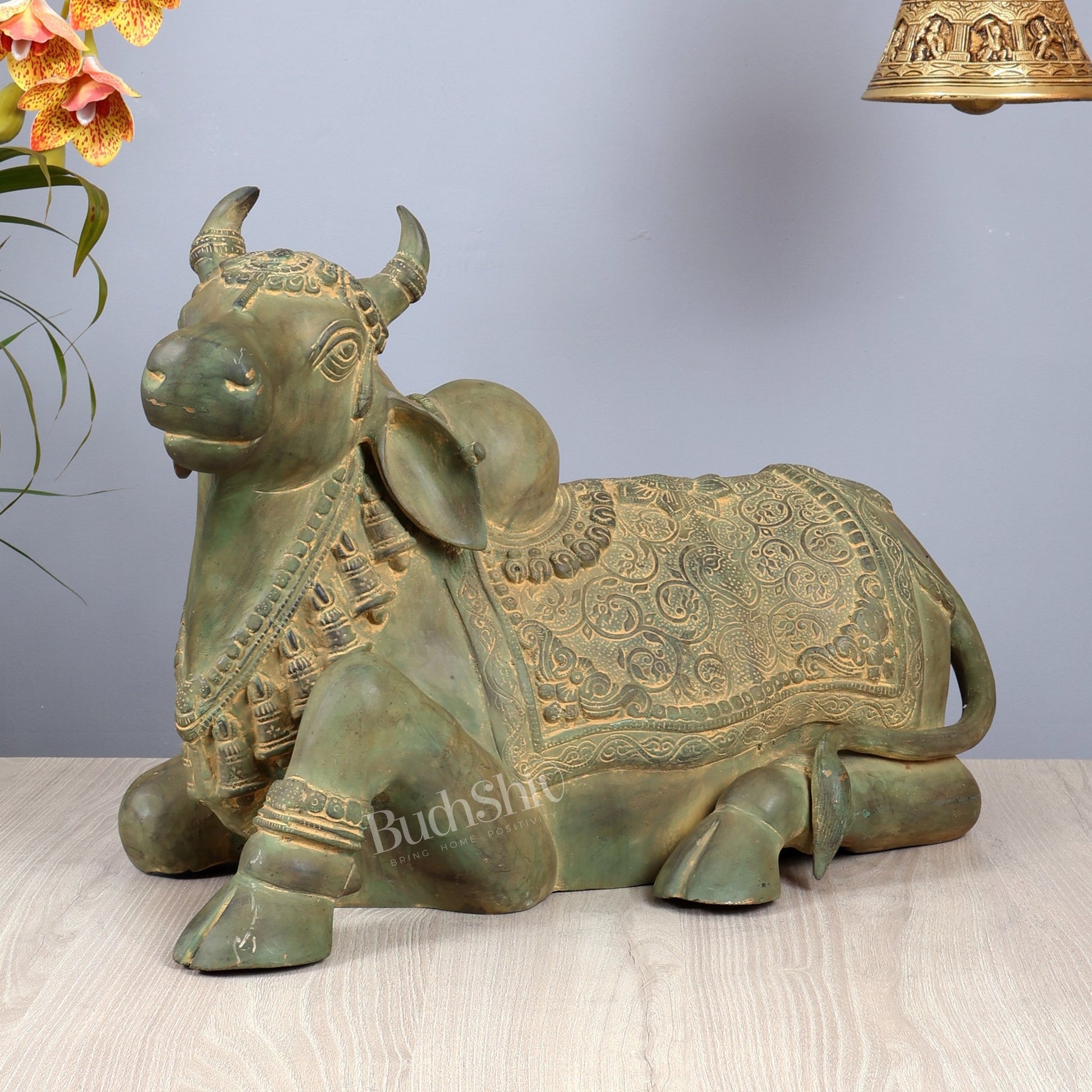 Handcrafted Brass Nandi Idol – Vintage Patina 21" - Budhshiv.com