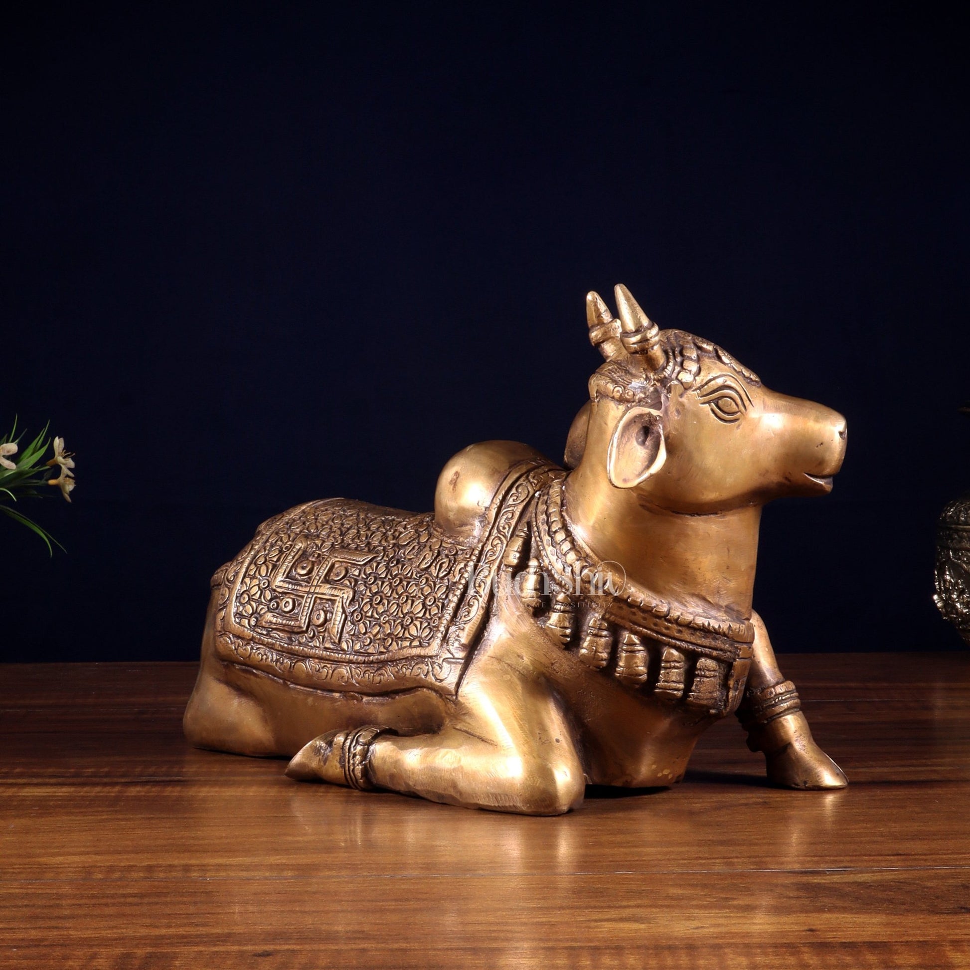 Handcrafted Brass Nandi Statue - 13.5 inch burnt brass tone - Budhshiv.com