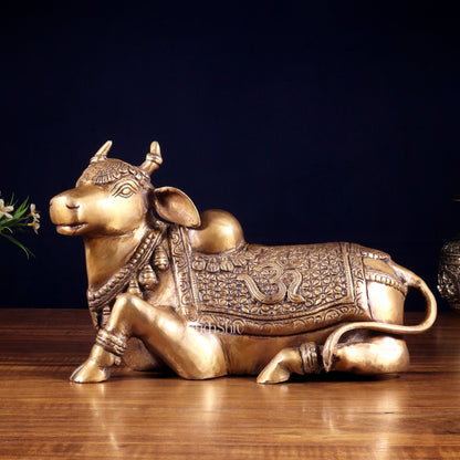 Handcrafted Brass Nandi Statue - 13.5 inch burnt brass tone - Budhshiv.com