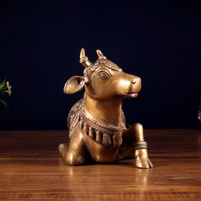 Handcrafted Brass Nandi Statue - 13.5 inch burnt brass tone - Budhshiv.com