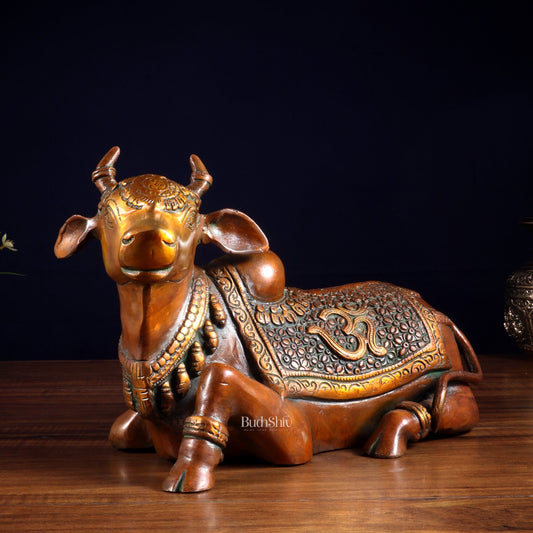 Handcrafted Brass Nandi Statue - 13.5 inch Chola tone - Budhshiv.com