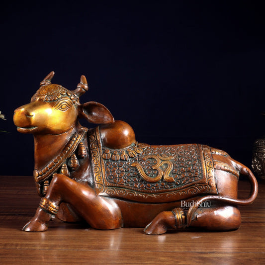Handcrafted Brass Nandi Statue - 13.5 inch Chola tone - Budhshiv.com