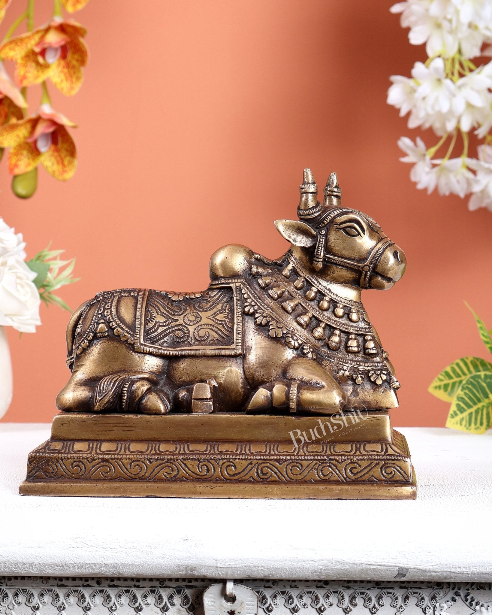 Handcrafted Brass Nandi Statue antique finish 8" - Budhshiv.com