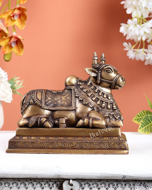 Handcrafted Brass Nandi Statue antique finish 8" - Budhshiv.com