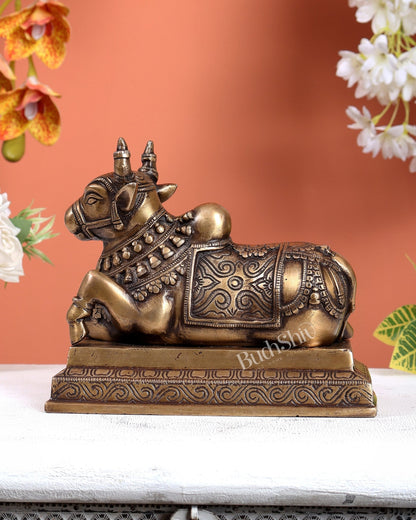 Handcrafted Brass Nandi Statue antique finish 8" - Budhshiv.com