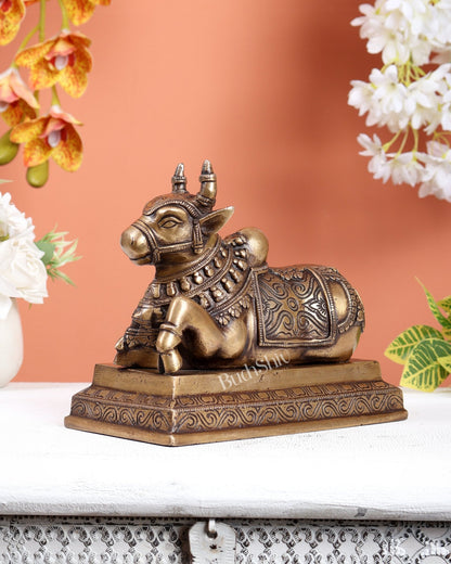 Handcrafted Brass Nandi Statue antique finish 8" - Budhshiv.com