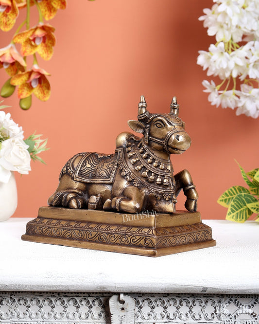 Handcrafted Brass Nandi Statue antique finish 8" - Budhshiv.com