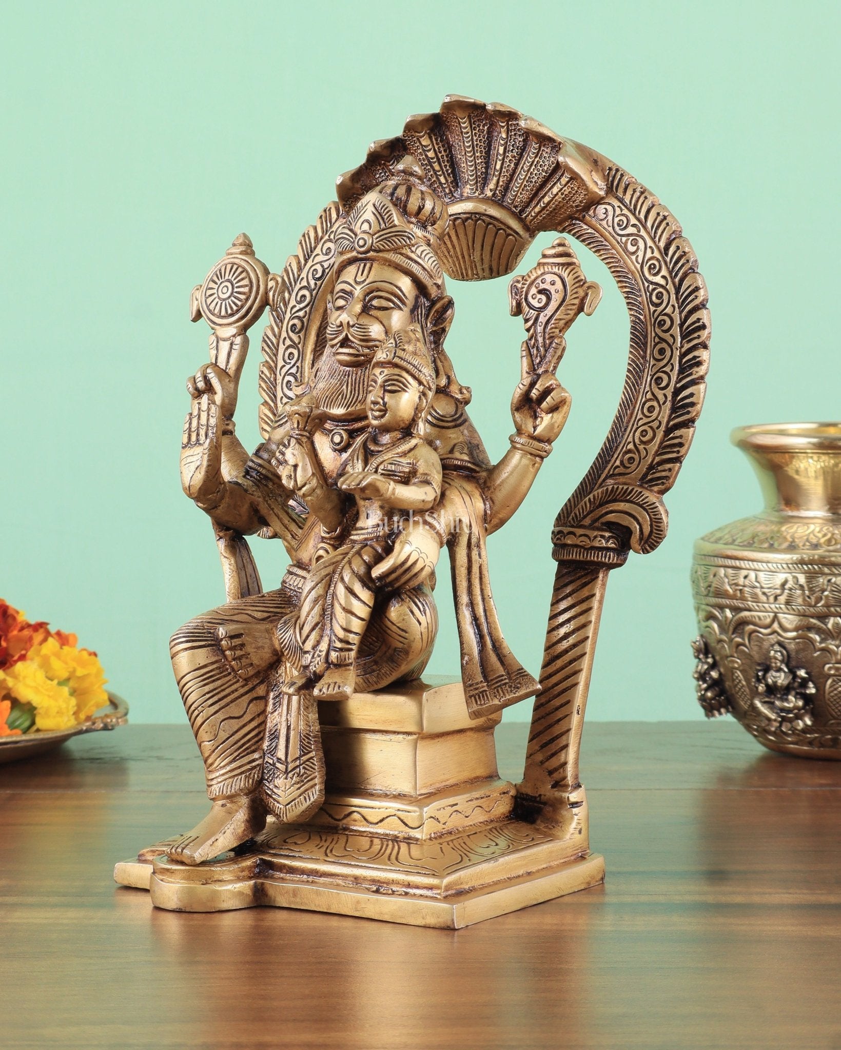Handcrafted Brass Narsimha Lakshmi Statue | 8" Height - Budhshiv.com