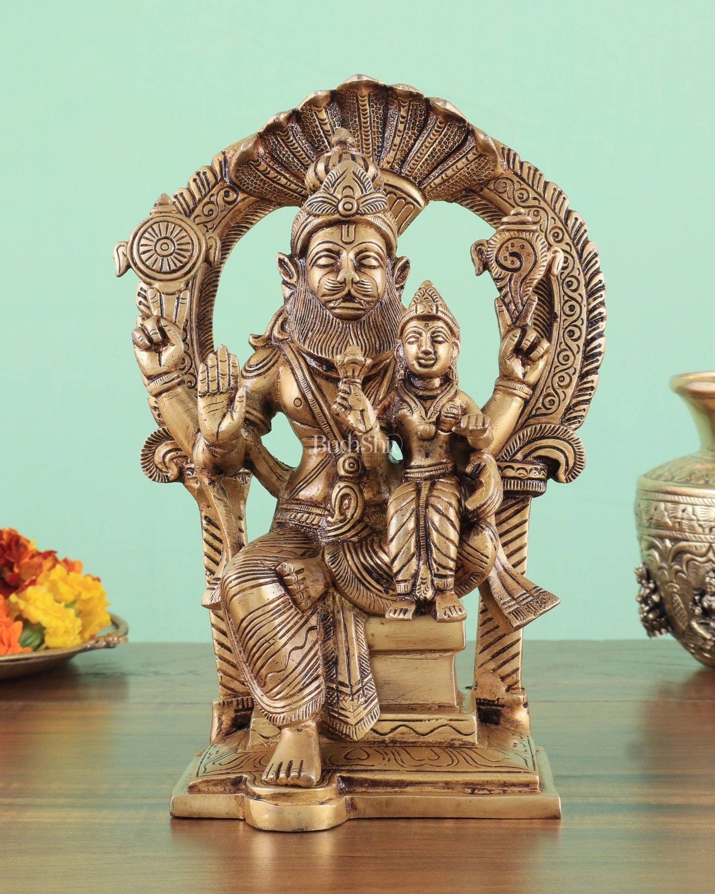 Handcrafted Brass Narsimha Lakshmi Statue | 8" Height - Budhshiv.com