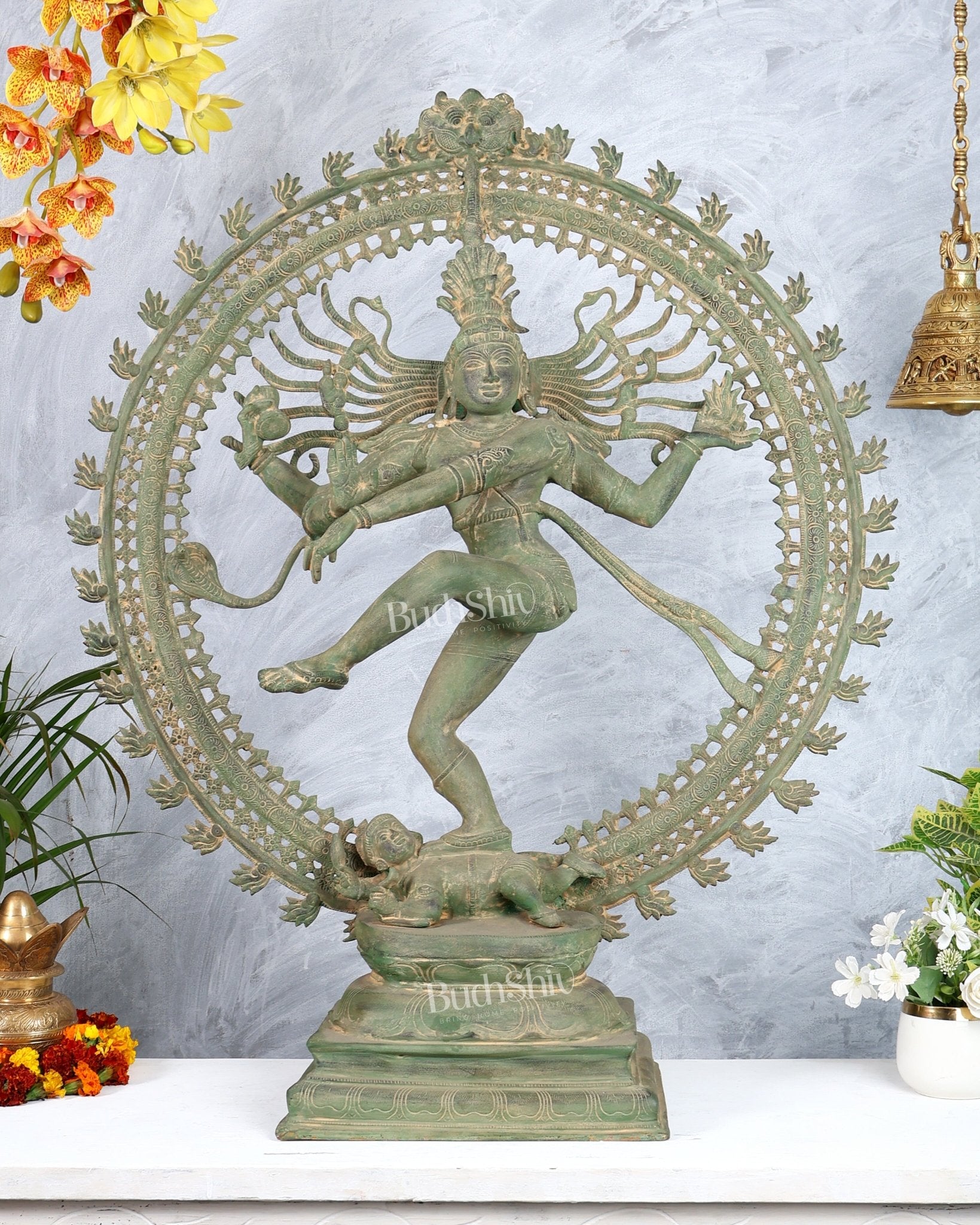 Handcrafted Brass Nataraja Statue - Height 36" Green tone - Budhshiv.com
