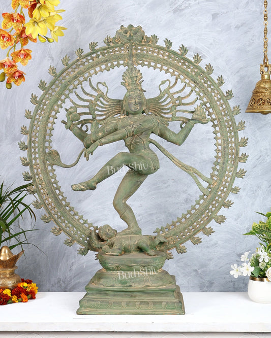 Handcrafted Brass Nataraja Statue - Height 36" Green tone - Budhshiv.com