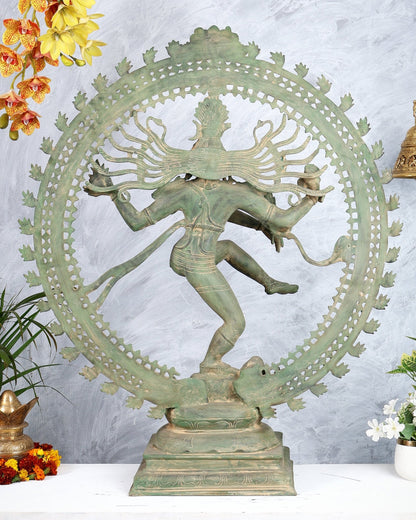 Handcrafted Brass Nataraja Statue - Height 36" Green tone - Budhshiv.com