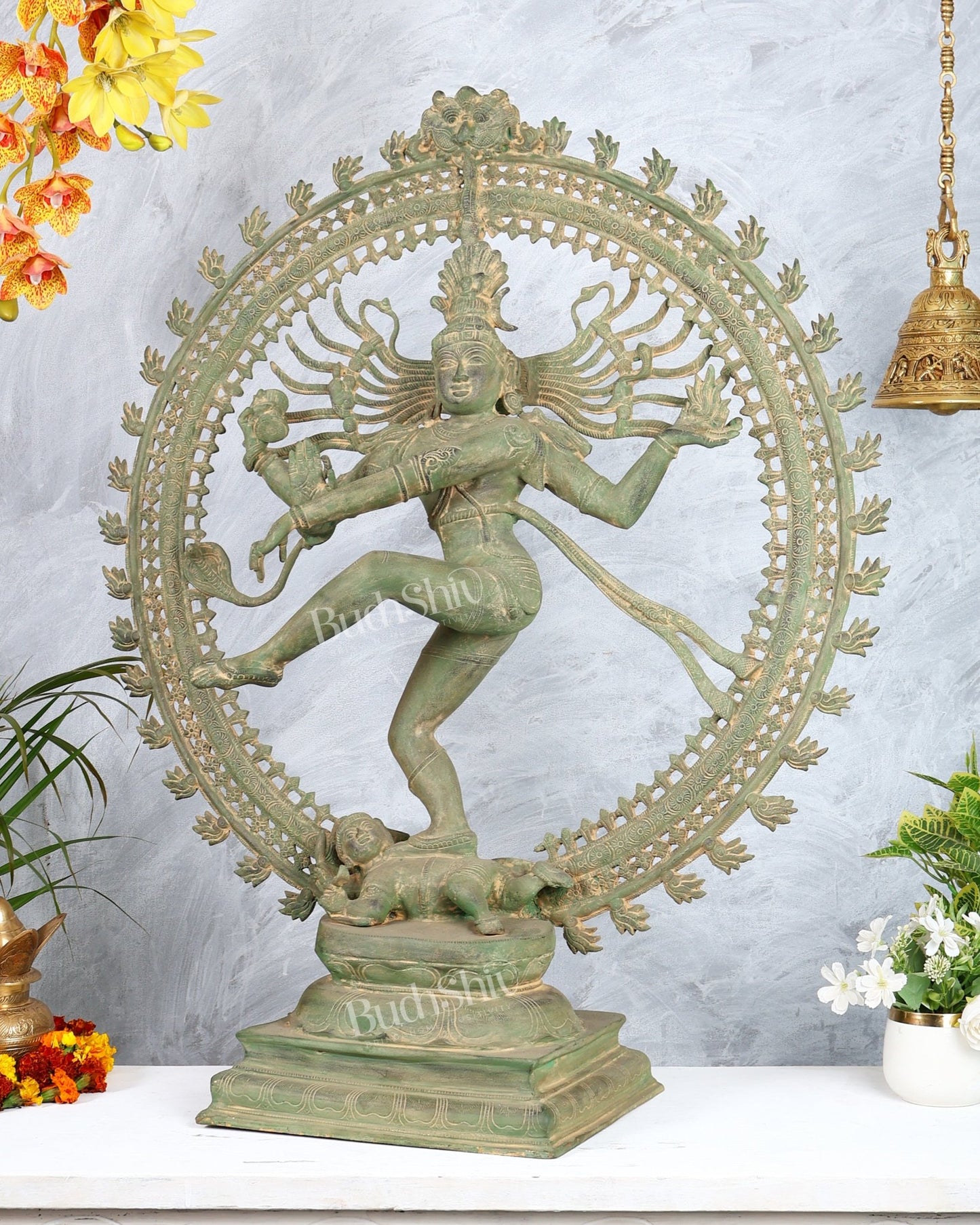 Handcrafted Brass Nataraja Statue - Height 36" Green tone - Budhshiv.com