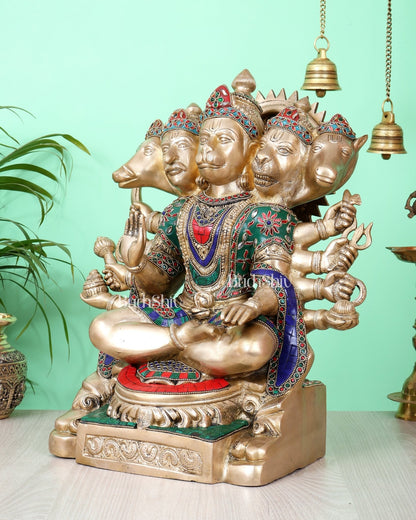 Handcrafted Brass Panchmukhi Hanuman Idol 17 inch with meenakari - Budhshiv.com