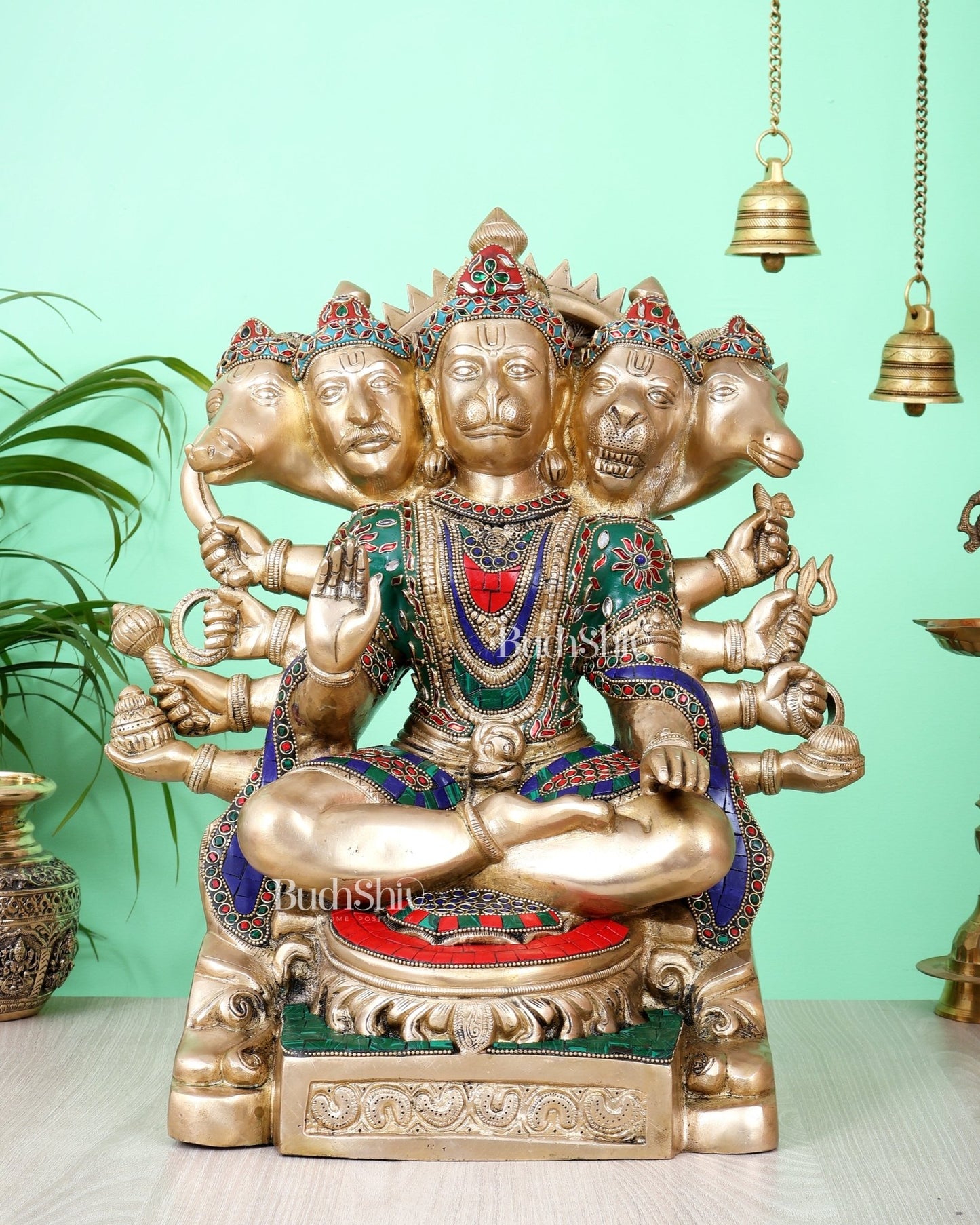 Handcrafted Brass Panchmukhi Hanuman Idol 17 inch with meenakari - Budhshiv.com