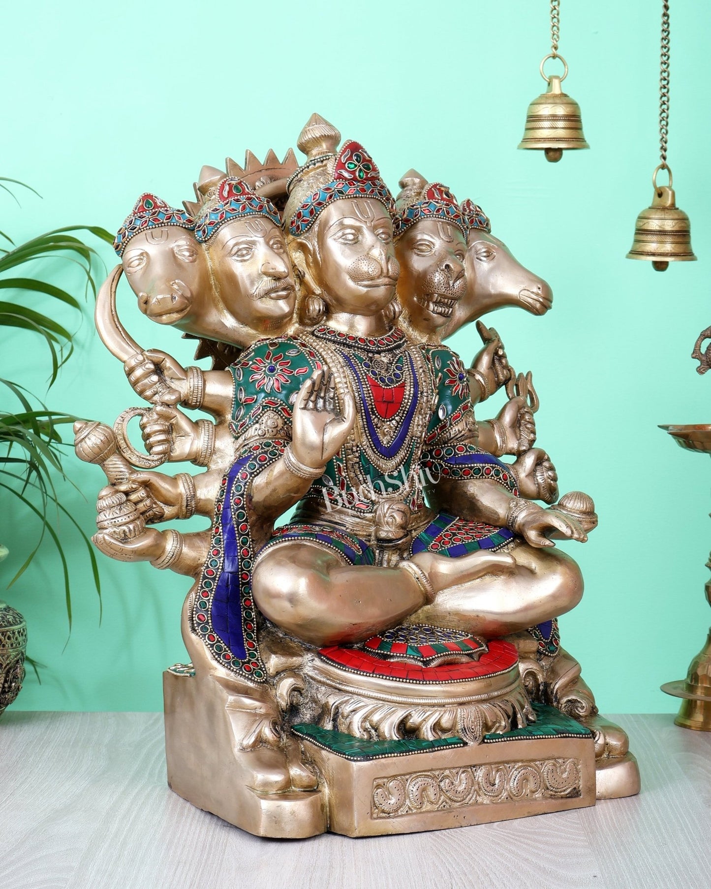 Handcrafted Brass Panchmukhi Hanuman Idol 17 inch with meenakari - Budhshiv.com