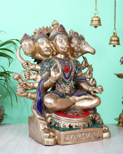 Handcrafted Brass Panchmukhi Hanuman Idol 17 inch with meenakari - Budhshiv.com
