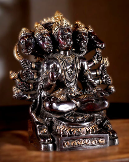 Handcrafted Brass Panchmukhi Hanuman Idol - Dual Tone black Gold - 17" - Budhshiv.com