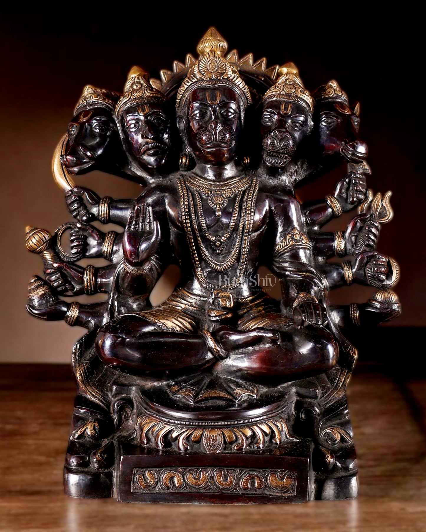 Handcrafted Brass Panchmukhi Hanuman Idol - Dual Tone black Gold - 17" - Budhshiv.com