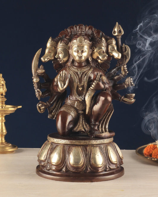 Handcrafted Brass Panchmukhi Hanuman Idol – Dual Tone Chola Finish, 13.5" - Budhshiv.com