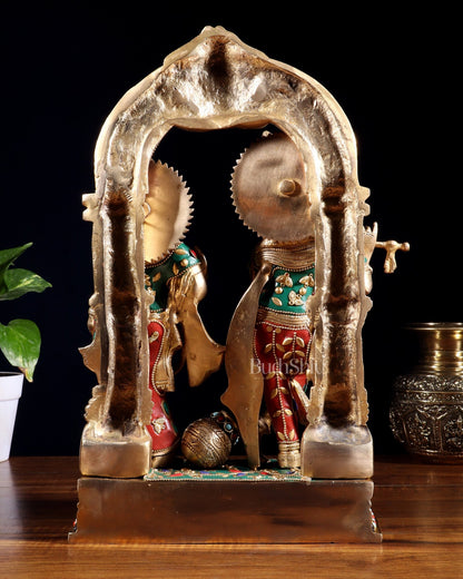 Handcrafted Brass Radha Krishna Idol - Ecstatic Posture 14 inch with stonework - Budhshiv.com