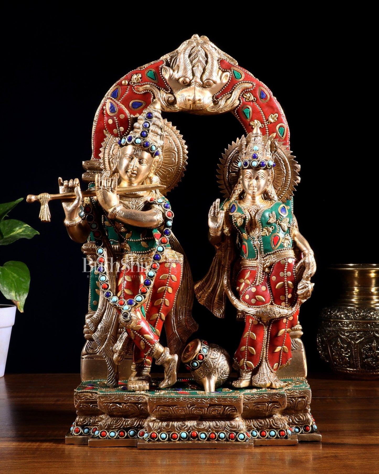 Handcrafted Brass Radha Krishna Idol - Ecstatic Posture 14 inch with stonework - Budhshiv.com
